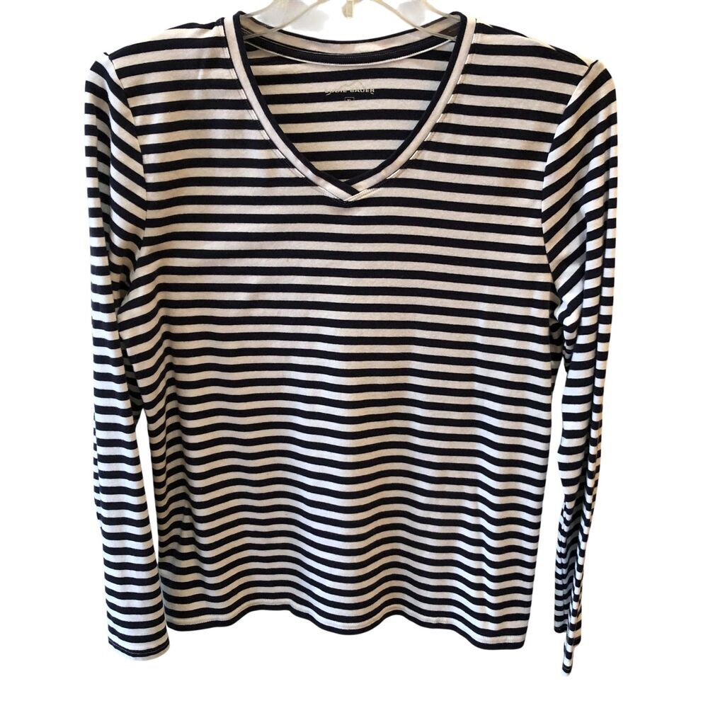 Eddie Bauer Womens Size XL Blue White Striped Long Sleeve V Neck T Shirt Top Tee